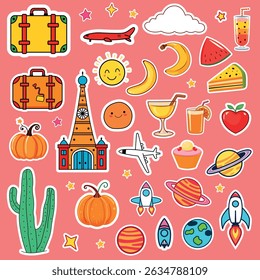 Bright and playful vector sticker set featuring travel, space, food, and nature elements. Ideal for kids' designs, planners, scrapbooking, digital stickers, or fun printables.