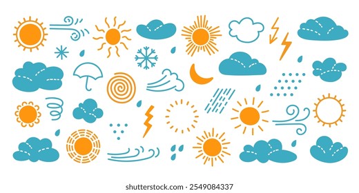 Bright and playful vector weather symbols featuring sun, clouds, and rain