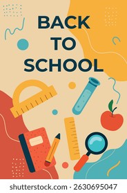 Bright and playful vertical illustration featuring various school supplies in a modern flat style. This “Back to School” cover includes a red notebook, pencil, magnifying glass, ruler, apple