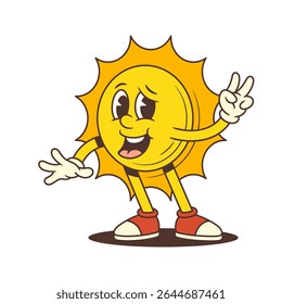 Bright and playful vintage style sun mascot smiling and confidently showing a victory gesture. Perfect for summer, vacation, and positive branding projects. Vector illustration