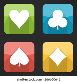 Bright playing cards suits icons set in modern flat design. Card symbols with long shadows. Vector