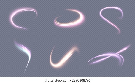 A bright plume of luminous rays swirling in a fast spiraling motion. Light pink swirl. Light effect curve blue-gold line. Vector	
