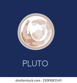 Bright Pluto planet with title. Solar system planet with varied surface features and icy landscape. Perfect for educational content and astronomy. Vector illustration isolated on dark blue background.