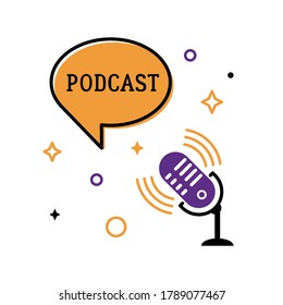 Bright Podcast emblem. Microphone with speech bubble icon. Flat vector illustration isolated on white background.