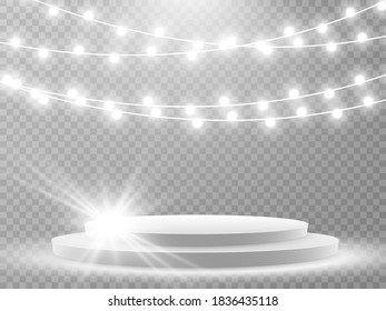 Luminoso podio para la ceremonia de entrega de premios.Ilustración vectorial. Un podio a la luz de las estrellas y de la garganta brillante.