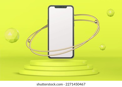 bright podium stand display scene with smartphone and golden rings with icospheres 