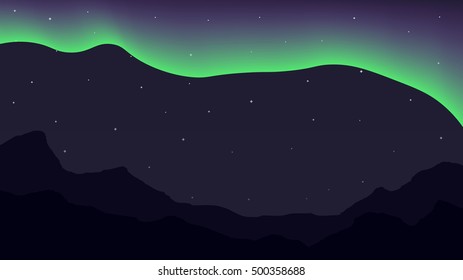 Bright polar lights and mountains. Somple background with 16:9 aspect ratio. Template, vector, eps 10.