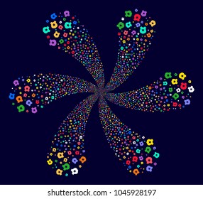 Bright Police Shield explosion motion on a dark background. Vector abstraction. Suggestive flower with six petals composed from randomized police shield objects.