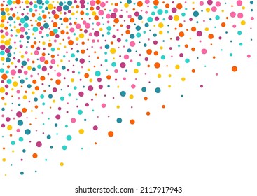 Bright Polka Effect Vector White Background. Fun Dot Wallpaper. Invitation Rain Design. Rainbow Confetti Decoration Postcard.