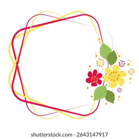 Bright polygon frame with lines decorated with flat floral composition. Vector template for photo, text, information, copy space. Red and yellow lines, simple plants and bokeh elements. Design photo