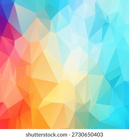 Bright polygonal background with vibrant geometric triangles. Abstract bright polygonal background features a colorful gradient of blue, orange, and pink. Modern mosaic design creates a dynamic bright polygonal background.