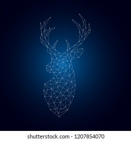 Bright Polygonal Deer silhouette on dark blue background. Geometric Reindeer emblem. Vector illustration.