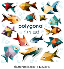 Bright polygonal fish set, colorful fish icons on white background