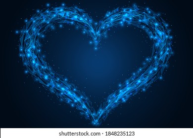 A bright polygonal heart is formed from fragments. Symbol of love. Starry sky. Low-poly construction of lines and dots. Blue background.