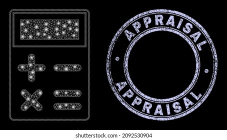 Bright polygonal net calculator icon with glare effect on a black background with round Appraisal grunge stamp. Vector constellation is created from calculator pictogram,