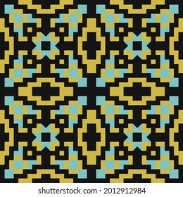 bright polygonal seamless pattern. black, mustard, turquoise squares, stripes and polygons are lined up in a specific order. vector
