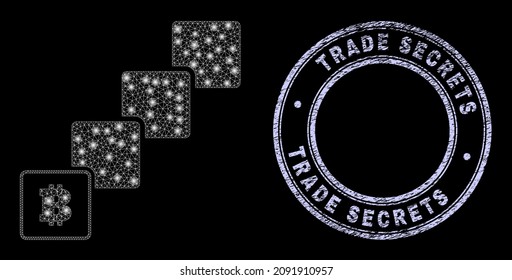 Bright polygonal web bitcoin blockchain icon with glitter effect on a black background, and round Trade Secrets unclean seal print. Vector constellation is based on bitcoin blockchain icon,