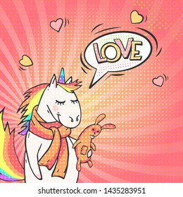 Bright pop art background with cute unicorn and speech bubble LOVE! Retro vector illustration in comic style. 