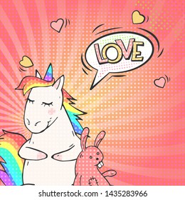 Bright pop art background with cute unicorn and speech bubble LOVE! Retro vector illustration in comic style. 