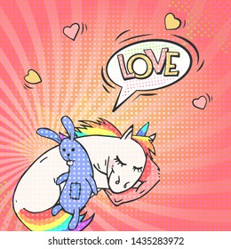 Bright pop art background with cute unicorn and speech bubble LOVE! Retro vector illustration in comic style. 