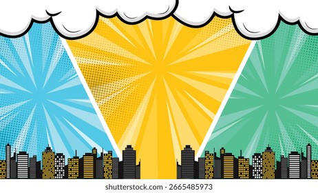 Plano de fundo de arte pop brilhante com silhueta do horizonte da cidade com raios de sunburst azul amarelo e verde estilo cômico e design de nuvem ideal para projetos criativos e cartazes