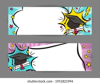 Banner de arte pop brillante para graduación con gorra, desplazamiento y estrellas. Marco de texto de dibujos animados en un fondo de rayos. Comic educar plantilla para diseño web, banners, tarjetas, cupones y afiches. Ilustración del vector