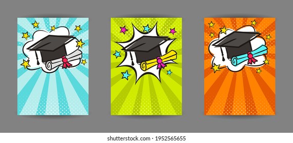 Bright pop art banner for Graduation with cap, scroll and stars. Cartoon text frame on a ray background. Comic educate Template for web design, banners, cards, coupons and posters. Vector illustration