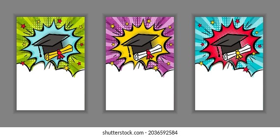 Bright pop art banner for Graduation with cap, scroll and stars. Cartoon text frame on a ray background. Comic educate Template for web design, banners, cards, coupons and posters. Vector illustration