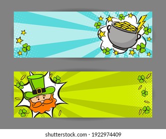 Bright pop art banners for Saint Patrick's day. Cartoon exploison, and clouds on a ray background. Comic Template for web design, banners, cards, coupons, applications and posters. Vector illustration