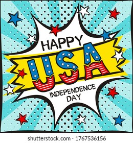 Bright pop art burst picture for USA Independence Day. Template by July 4th in national colors of the United States of America. Square cartoon web banner for social media post template. Vector illustration