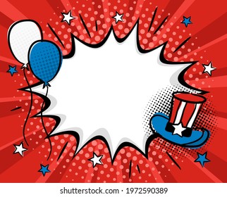 Bright pop art burst picture for USA Independence Day. Template by July 4th in national colors of the United States of America. Comic frame for social media post template. Cartoon Vector illustration