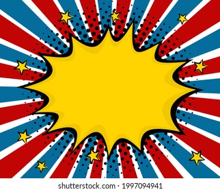 Bright pop art burst picture in USA flag colors. Comic Speech Bubble with explosion. Cartoon frame for social media post template by July 4th or Election Day. Vector illustration