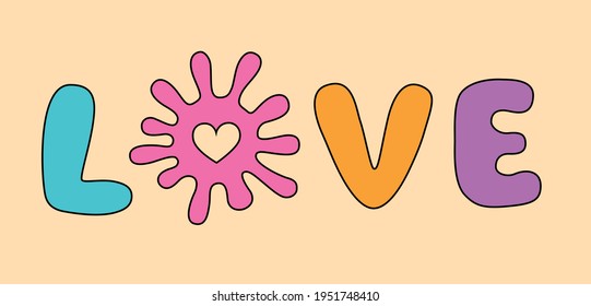 bright pop art cartoon text love on a card heart blot blue pink yellow lilac vector