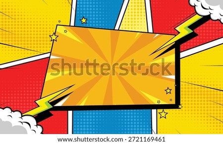 bright pop art comic background with a yellow burst center, surrounded by colorful panels, halftone dots, clouds, stars, and lightning shapes, resembling a classic retro comic frame