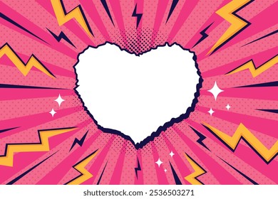 Bright pop art comic cover with zigzag thunder lightnings, rays and dots. Retro style dynamic background with empty torn paper heart shape for text