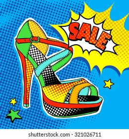 Bright Pop art comic poster with image of a shoe and label "Sale". Vector illustration.