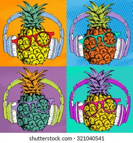 Bright Pop art comic poster with image of a pineapple with headphones and glasses. Vector illustration.