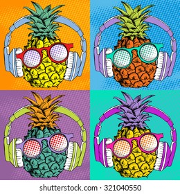 Bright Pop art comic poster with image of a pineapple with headphones and sunglasses. Vector illustration.