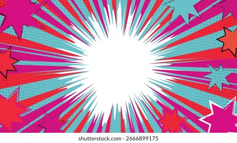 Fondo brillante del estilo del cómic del arte del pop con los rayos coloridos del starburst y los puntos del halftone perfectos para los carteles Anuncios volantes cubre los juegos y los proyectos creativos del diseño