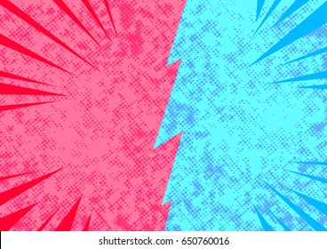 Bright pop art comic style opposite sides conflict abstract page template. Blank story retro layout template representing opposite sides divided by border. Spotted and bright. Vector illustration