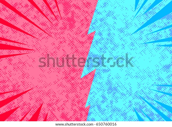 Bright pop art comic style opposite sides
conflict abstract page template. Blank story retro layout template
representing opposite sides divided by border. Spotted and bright.
Vector illustration