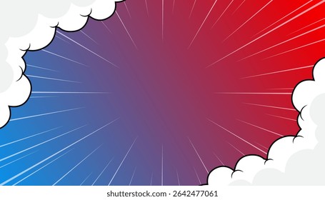 Fondo de atardecer cómico de arte pop brillante con colores de semitono y Vector de nubes lindas.