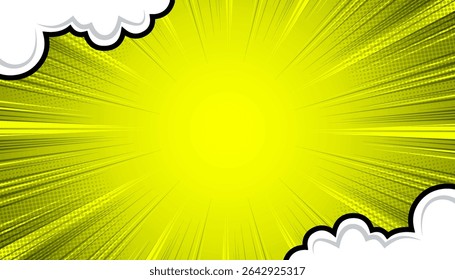Plano de fundo de pôr do sol cômico pop art brilhante com cores de meio-tom e vetor de nuvens bonitas.