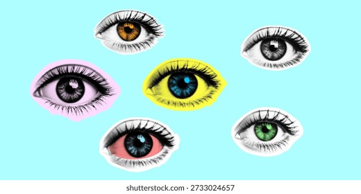 Helle Pop-Art-Komposition präsentiert mehrere Retro-Augen mit verschiedenen leuchtenden Irisfarben auf hellblauem Hintergrund und umgeben von Pastellfarbenschatten in einem kreativen Stil.