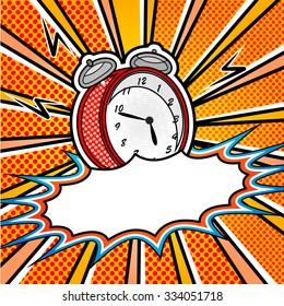 bright pop art explosion over dotted background with cartoon clock