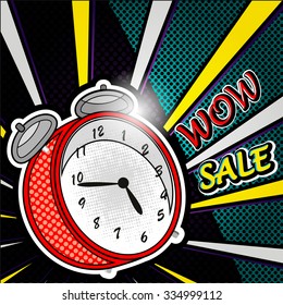 bright pop art explosion over dotted background with cartoon clocks