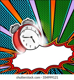 bright pop art explosion over dotted background with cartoon clocks