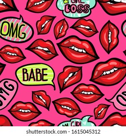bright pop art pattern with lips and speech bubble . 
background for textile, prints, paper products, the Web. 