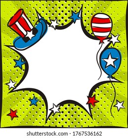 Bright pop art picture for USA Independence Day. Template by July 4th in national colors of the United States of America. Square cartoon web banner with Uncle Sam hat and balloons, for social media post template. Vector illustration