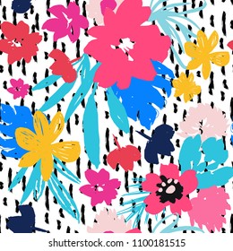 Bright Pop Art Print with Brush Strokes Background . Seamless Pattern with Flowers and Leaves .Texture for Wallpapers, Web Page , Surface Textures , Wrap Paper ,Textiles, Cover, Magazine .